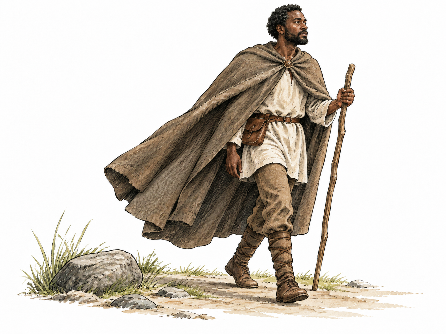 Black traveler wears loose wool cloak draped from shoulders.