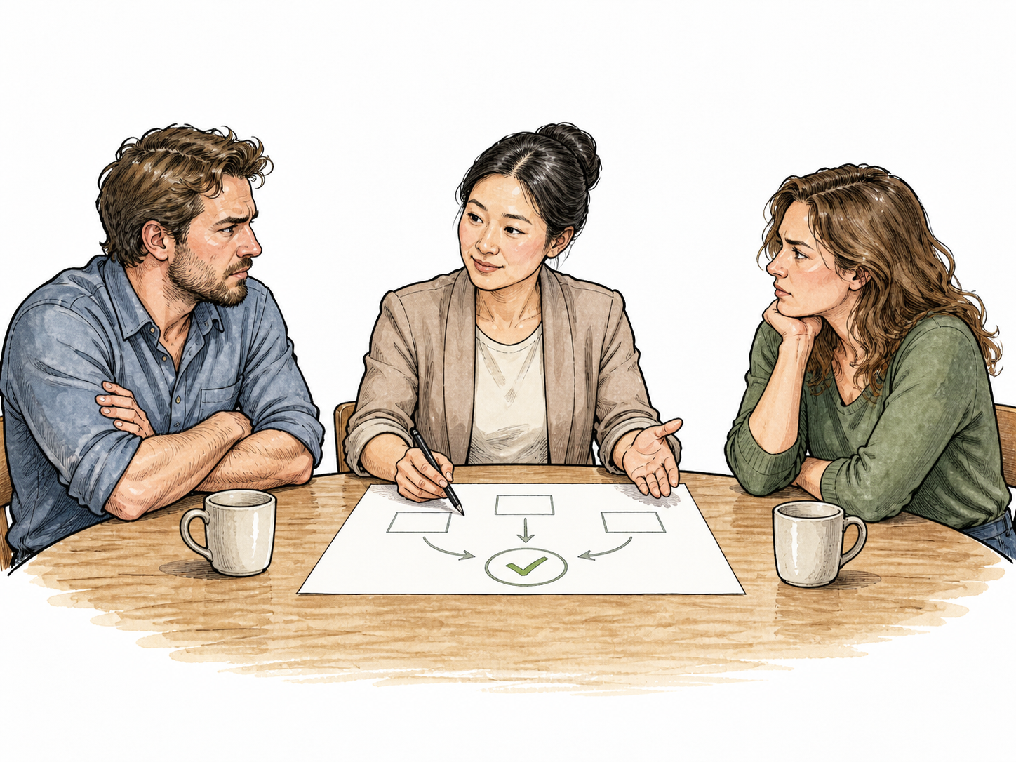 A neutral East Asian facilitator sitting between two disagreeing adults and guiding a shared written plan, no readable text.