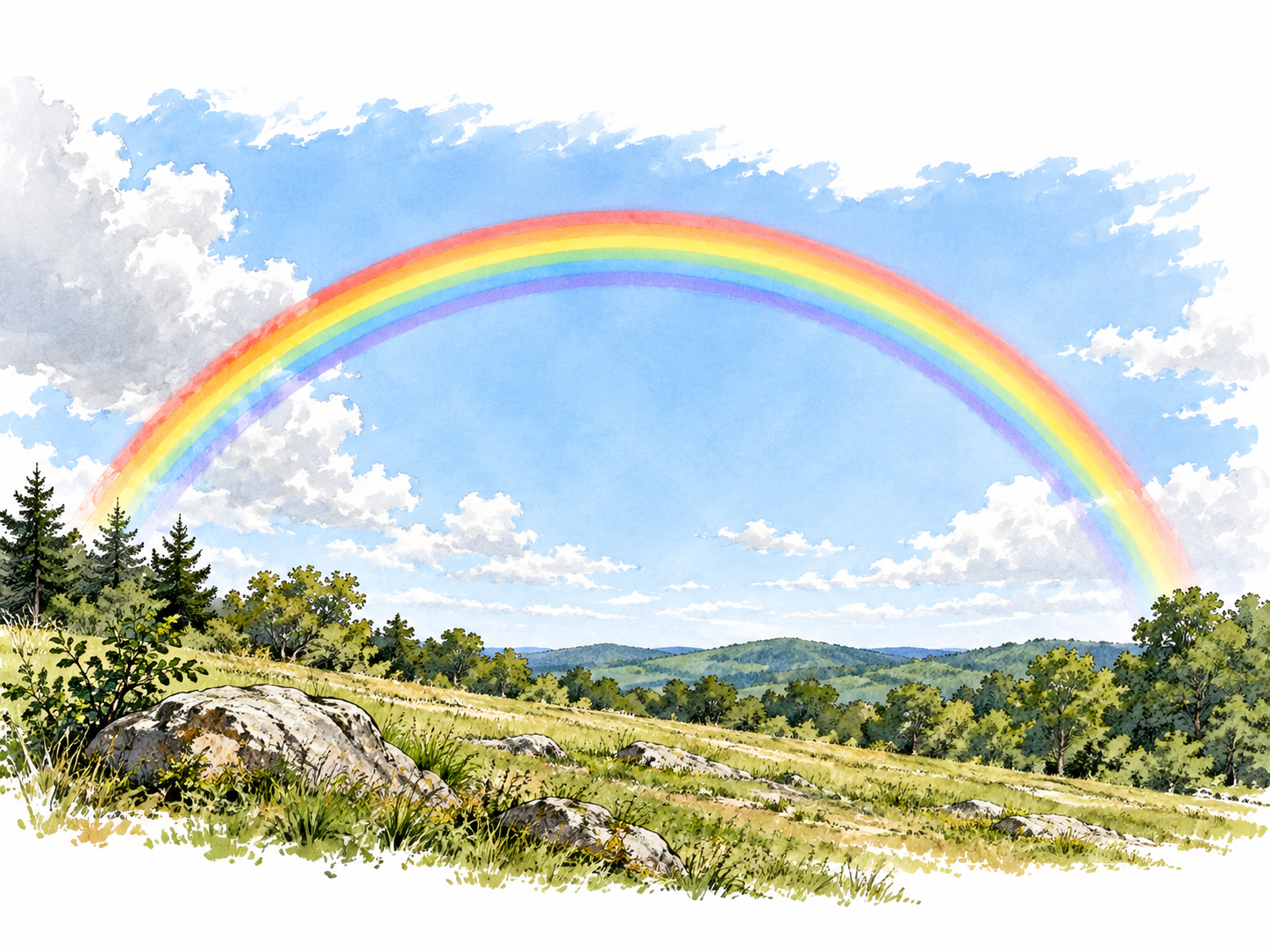 Natural rainbow arches across clearing sky.