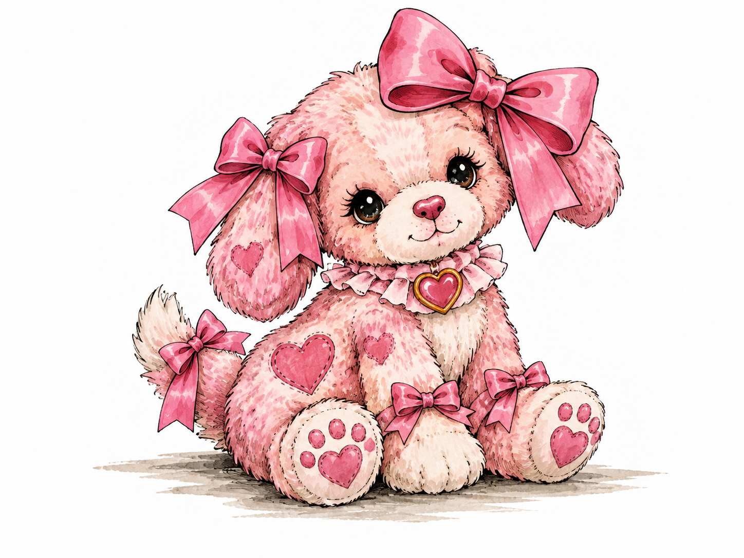 An excessively decorated pink toy with giant bows and hearts, artificial cuteness.