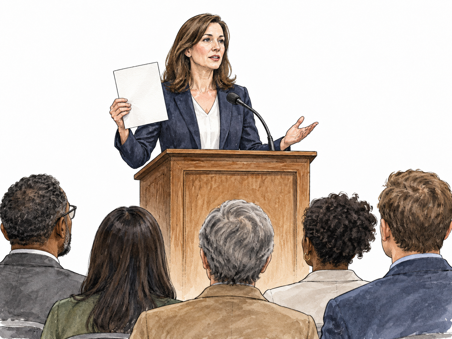A white woman at a civic lectern solemnly addresses a small diverse audience, blank document in hand.