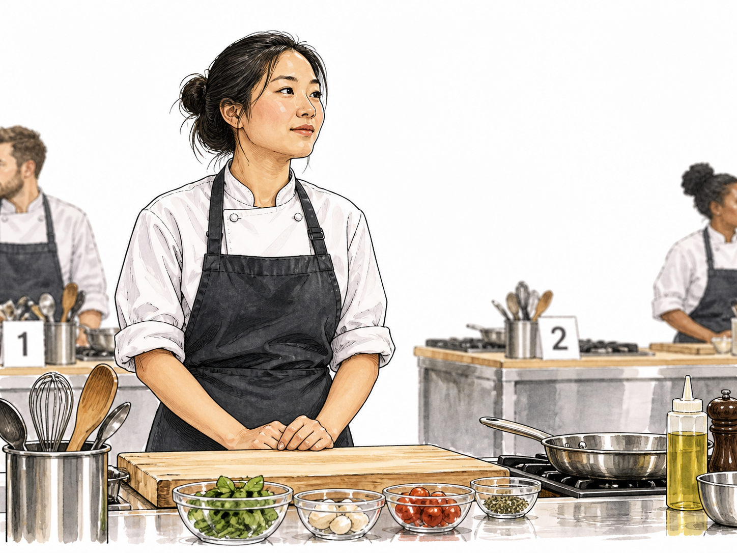 East Asian contestant waits at cooking competition workstation.