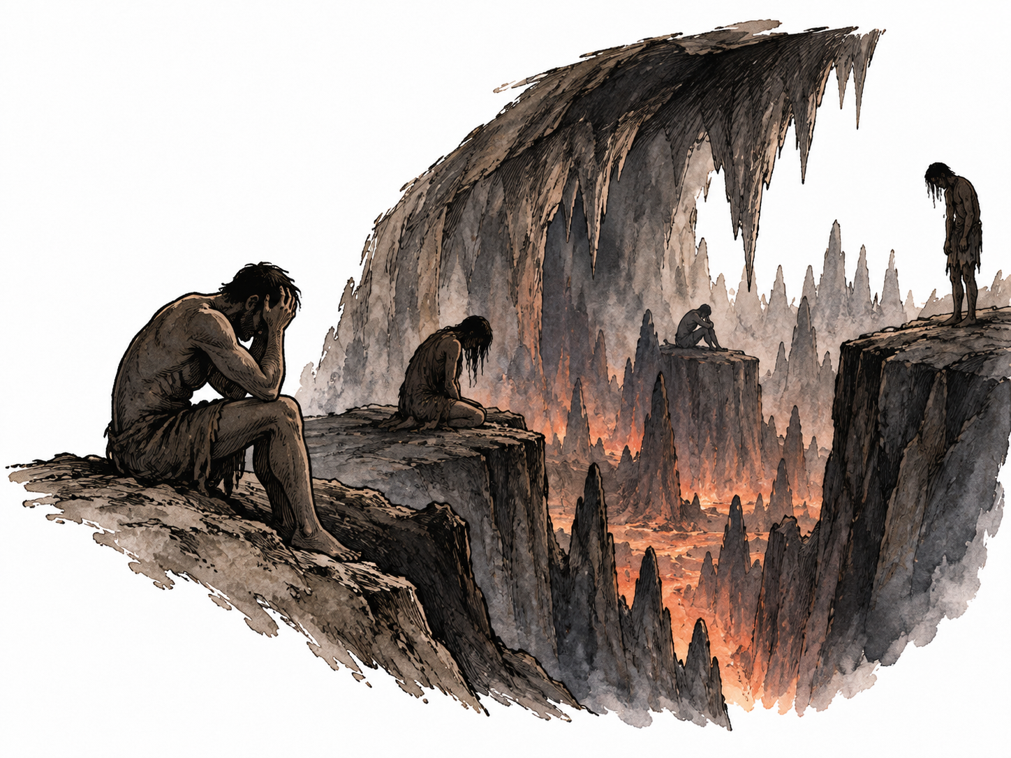 A symbolic bleak shadowy underworld cavern with isolated adult silhouettes enduring desolation, non-graphic spiritual suffering.