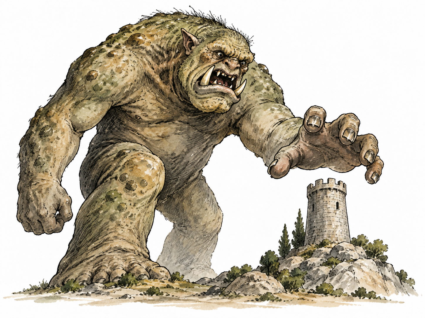 A gigantic looming creature dwarfs a small stone tower, conveying shocking size, no gore.