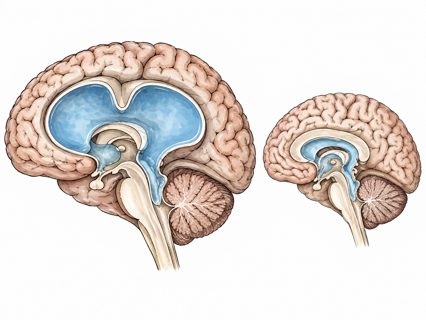 A respectful non-graphic cutaway medical model of a brain showing enlarged fluid-filled ventricles beside a smaller comparison model.
