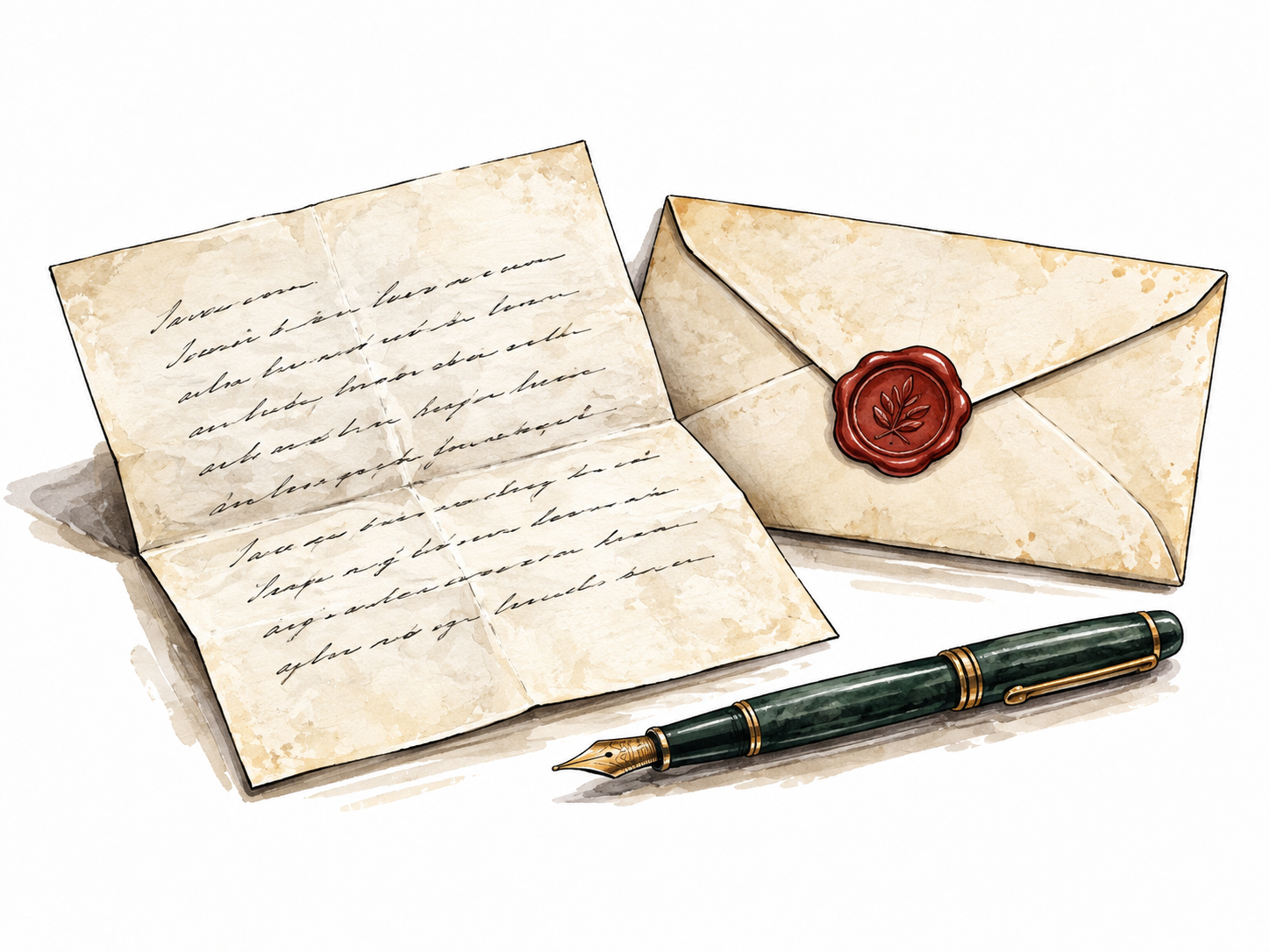 A handwritten personal letter folded beside an envelope with a wax seal, fountain pen nearby; lines suggest writing without legible text.