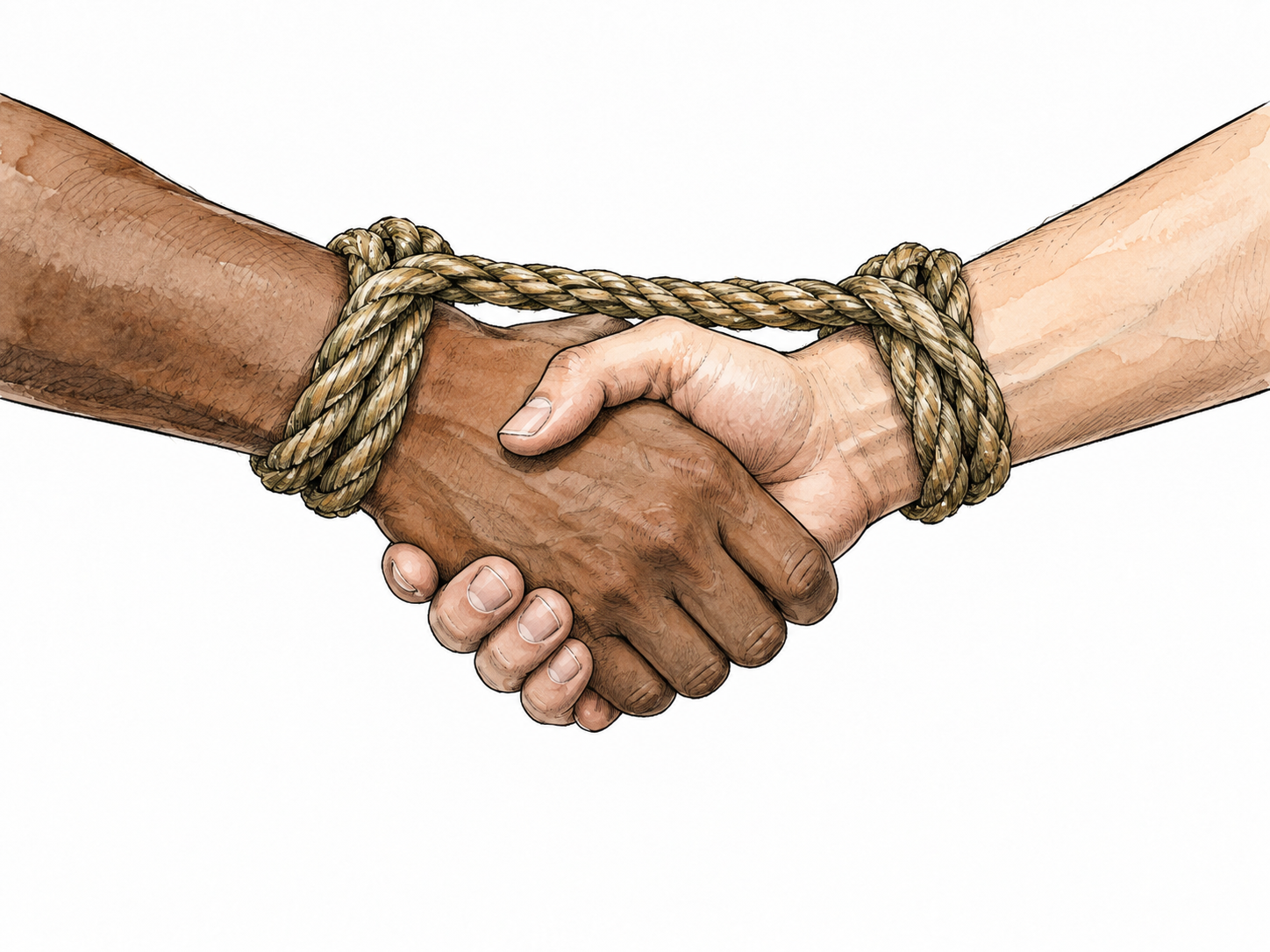 Two clasped hands with a strong woven cord linking their wrists symbolically.