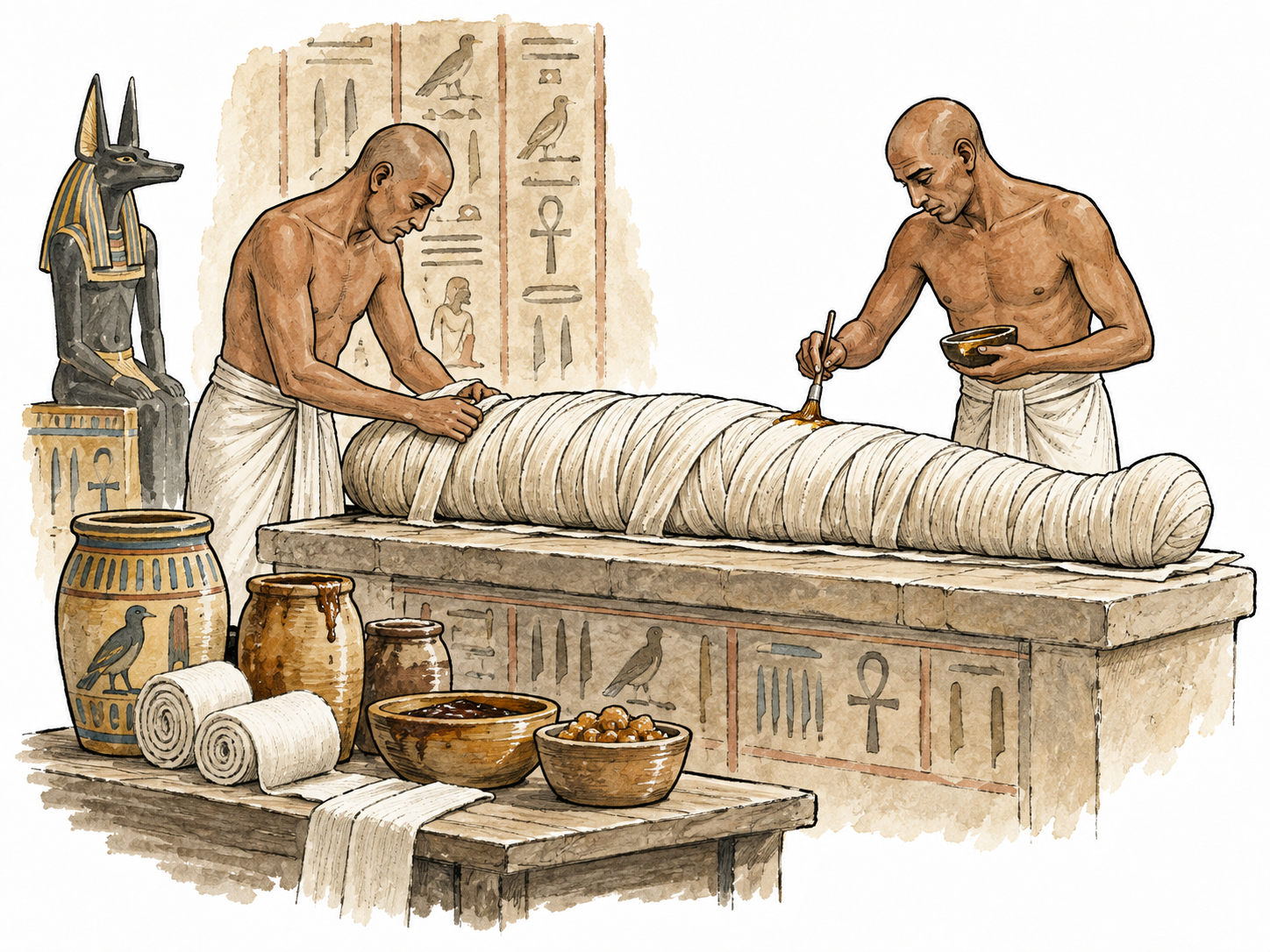 Ancient Egyptian embalming workshop with sealed linen-wrapped body and resin vessels, no exposed remains.