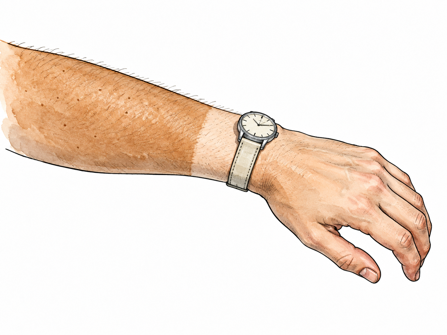 A naturally fair adult forearm shows a light tan beside a watch's pale band line.