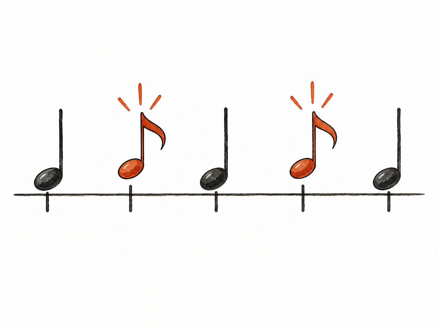 A small music rhythm diagram with emphasis on the offbeat between regular pulse markers.