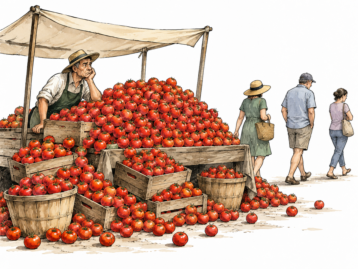 Market overflowing with far more tomatoes than buyers.