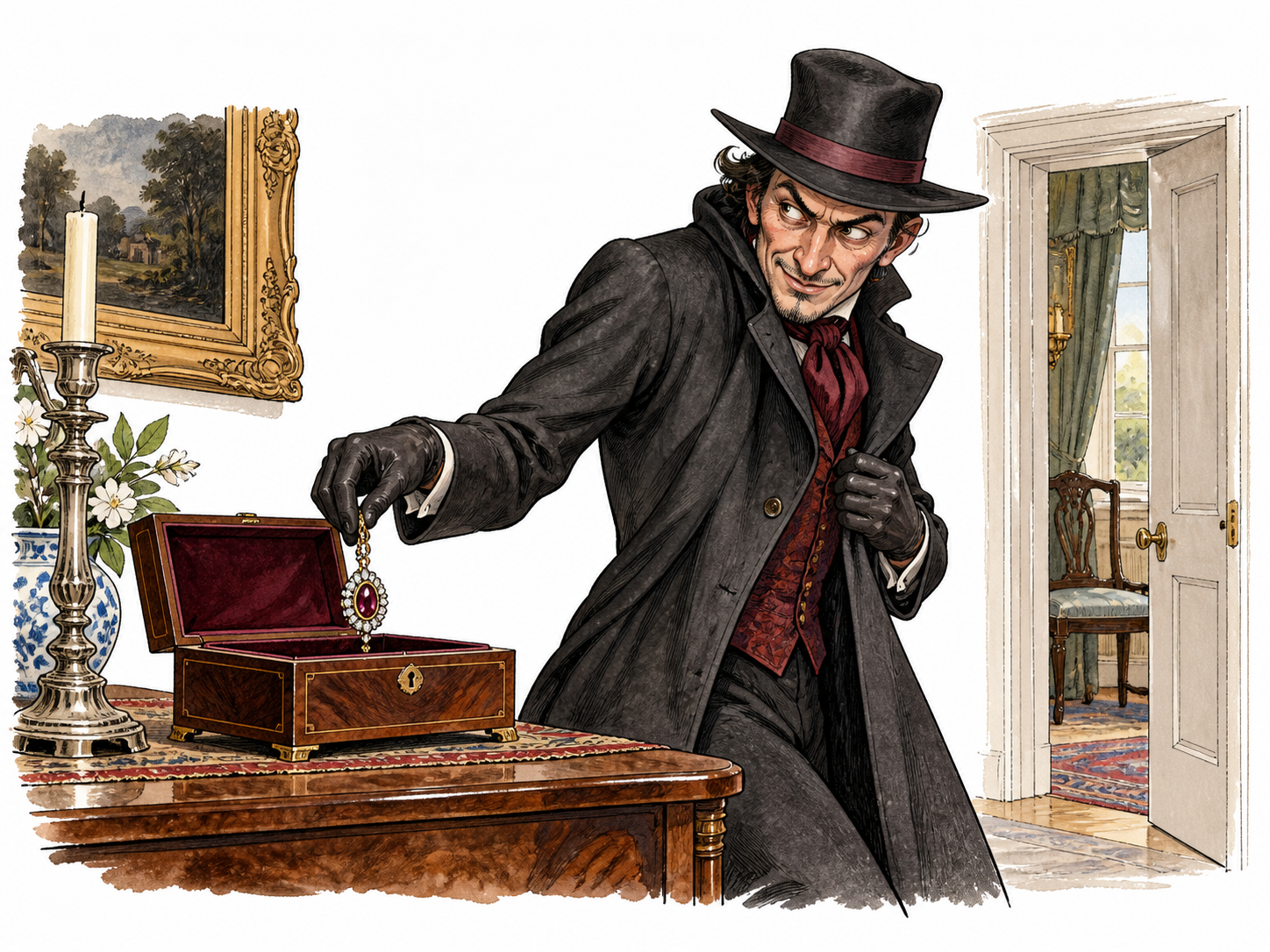 Fictional villain in tailored coat secretly steals heirloom while owner absent.