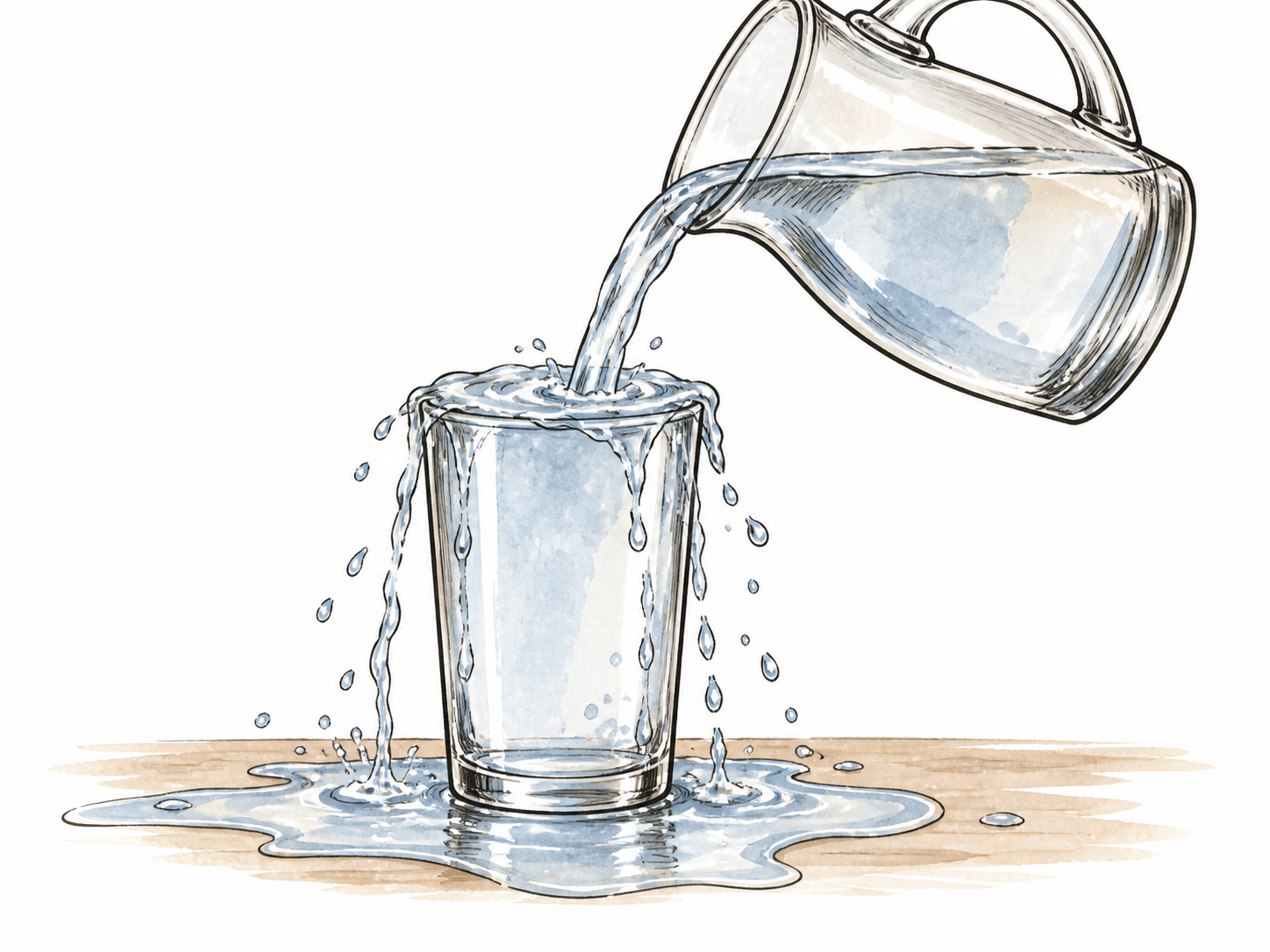 Water spills from a glass because pouring continues after it is full.