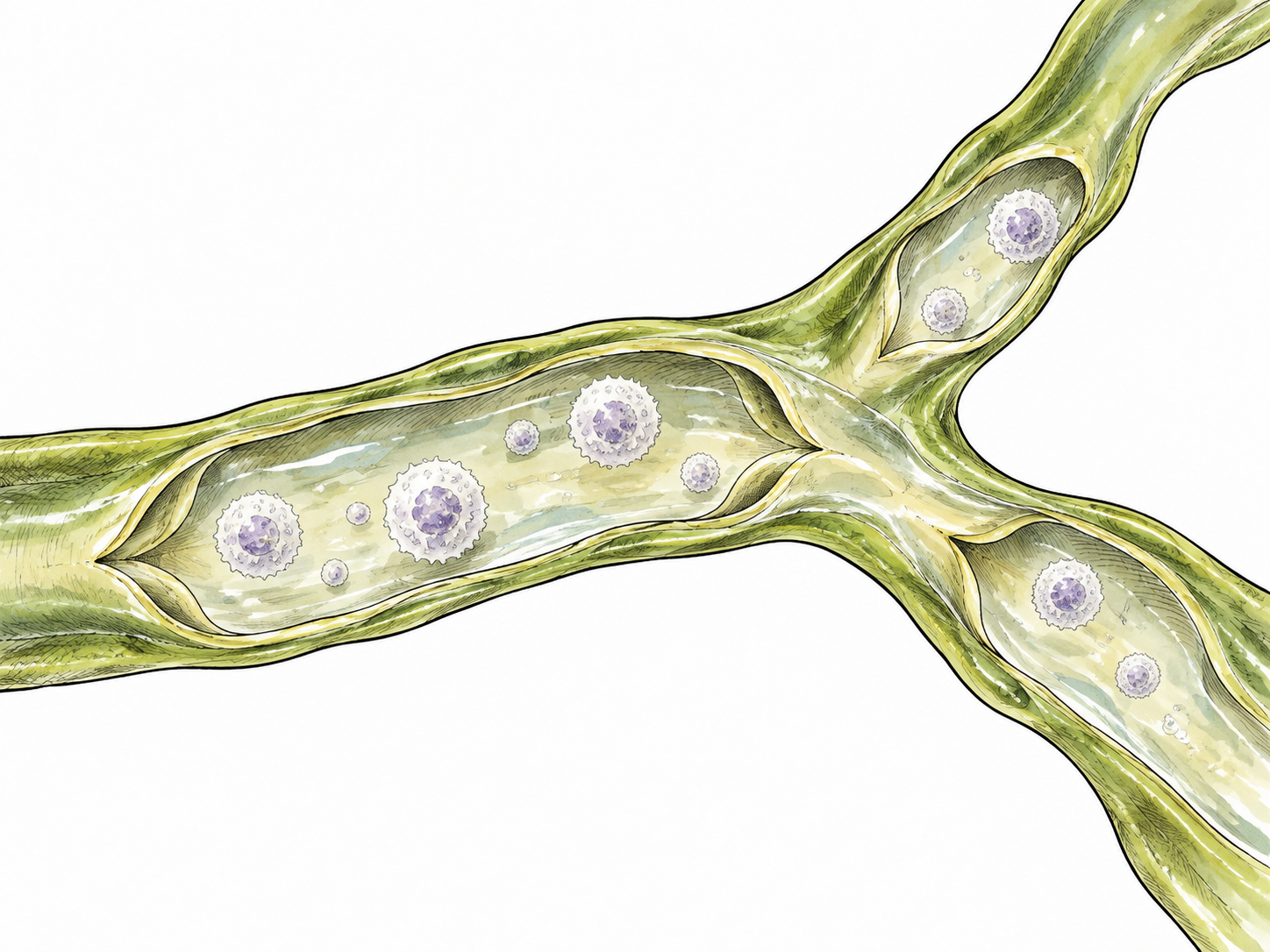 Educational close-up of a transparent branching lymphatic vessel containing pale clear fluid and several small floating white blood cells.