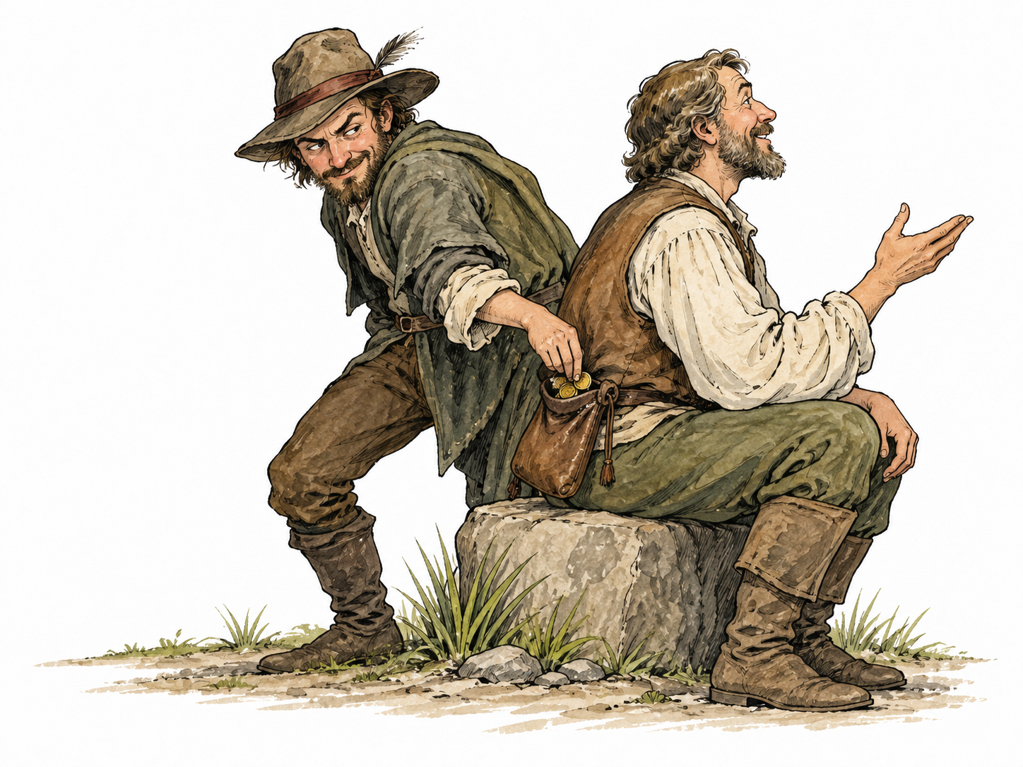 A dishonest white man secretly steals coins from a trusting companion's purse, contemptible conduct.