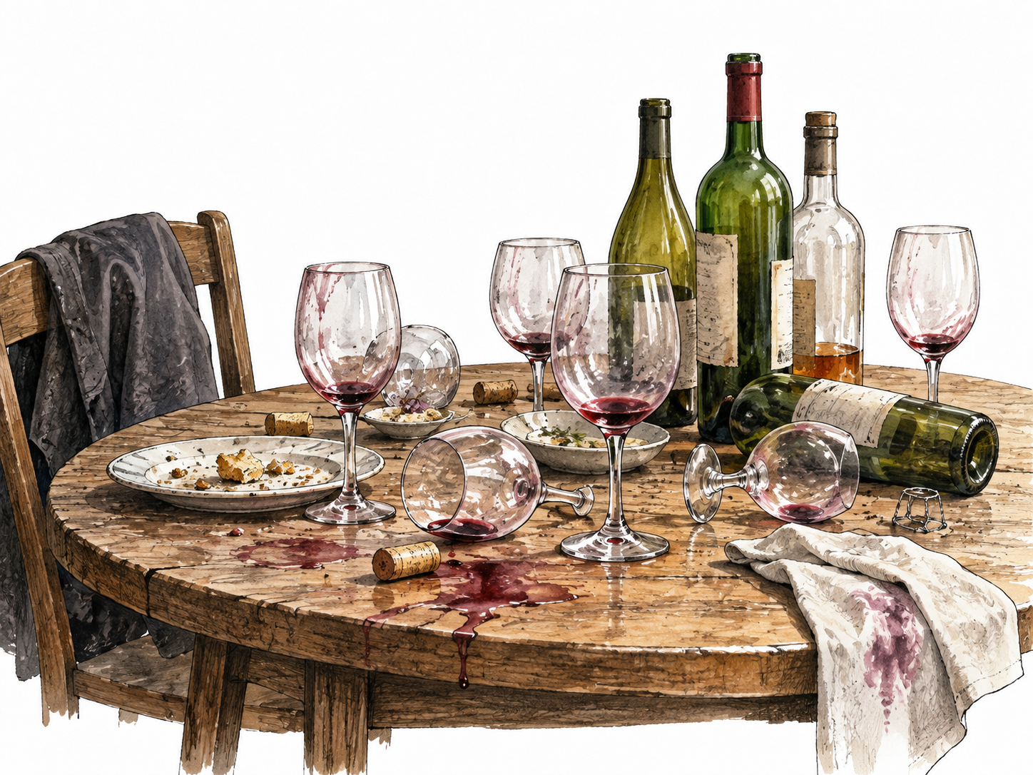An unattended table crowded with emptied wine glasses and bottles after excessive drinking, no glamour.