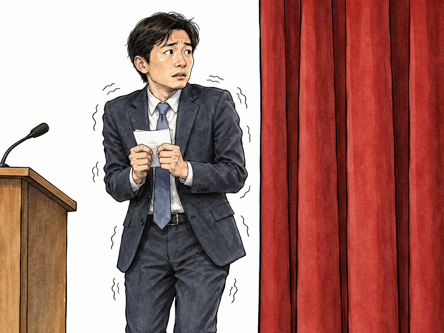 East Asian speaker trembles nervously before curtain.