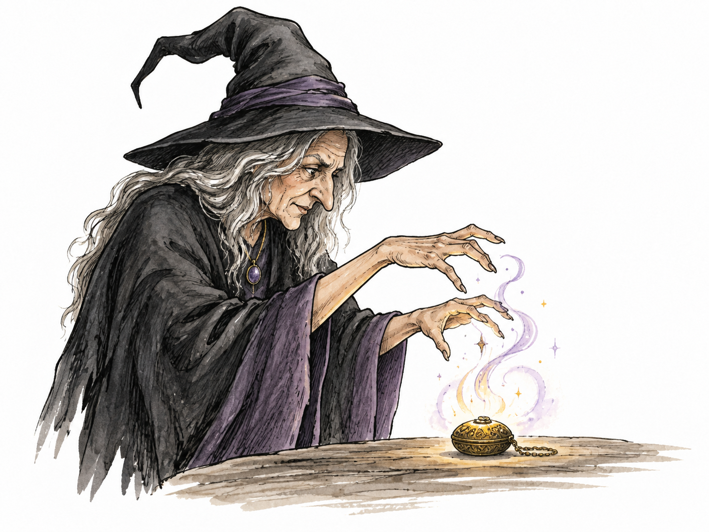 A fictional witch makes a spell over a small object, restrained magical glow.