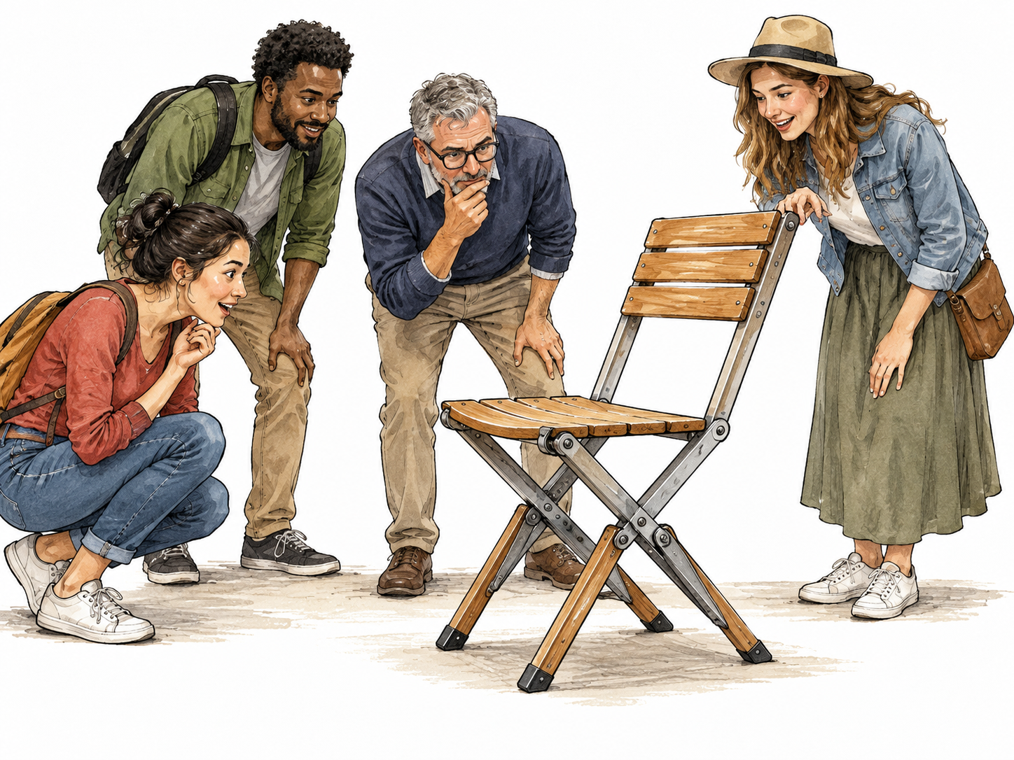 Unusual newly invented folding chair attracts curious visitors.