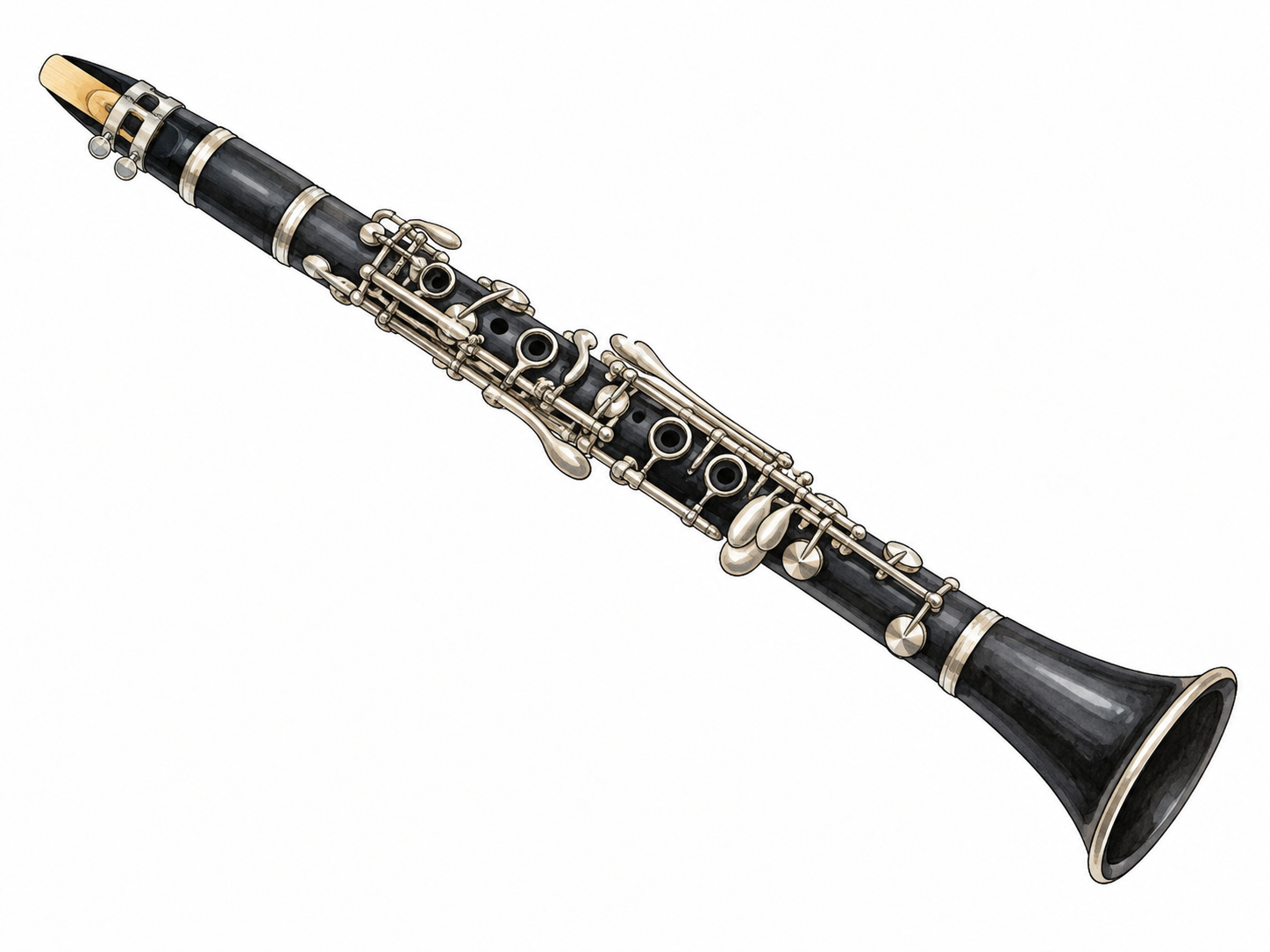 A black clarinet with silver keys and single-reed mouthpiece, diagonally arranged.