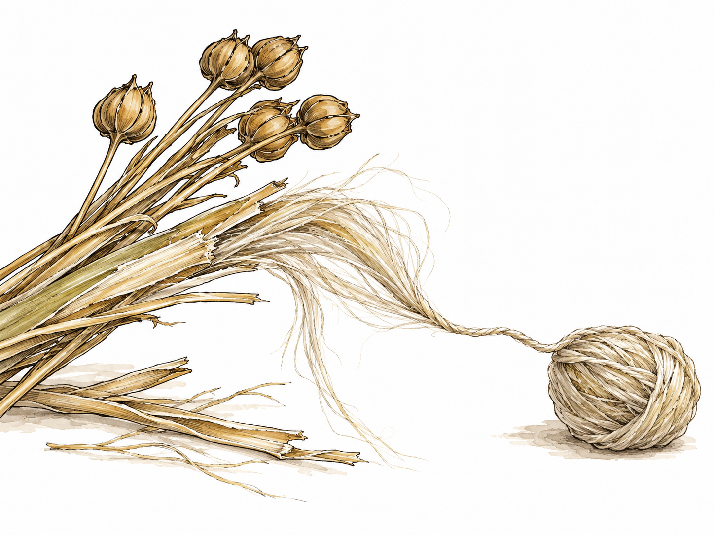 Close view of natural flax fibers drawn into a thread.