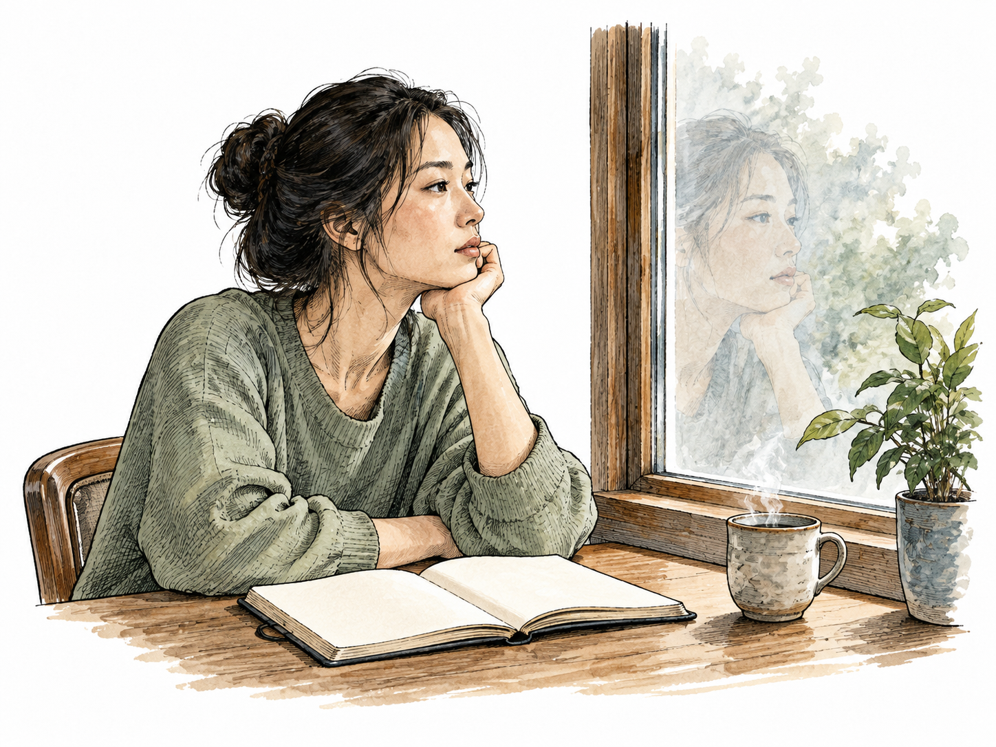 An East Asian woman reflecting by a window with a blank journal, faint reflection in the glass, inward examination.