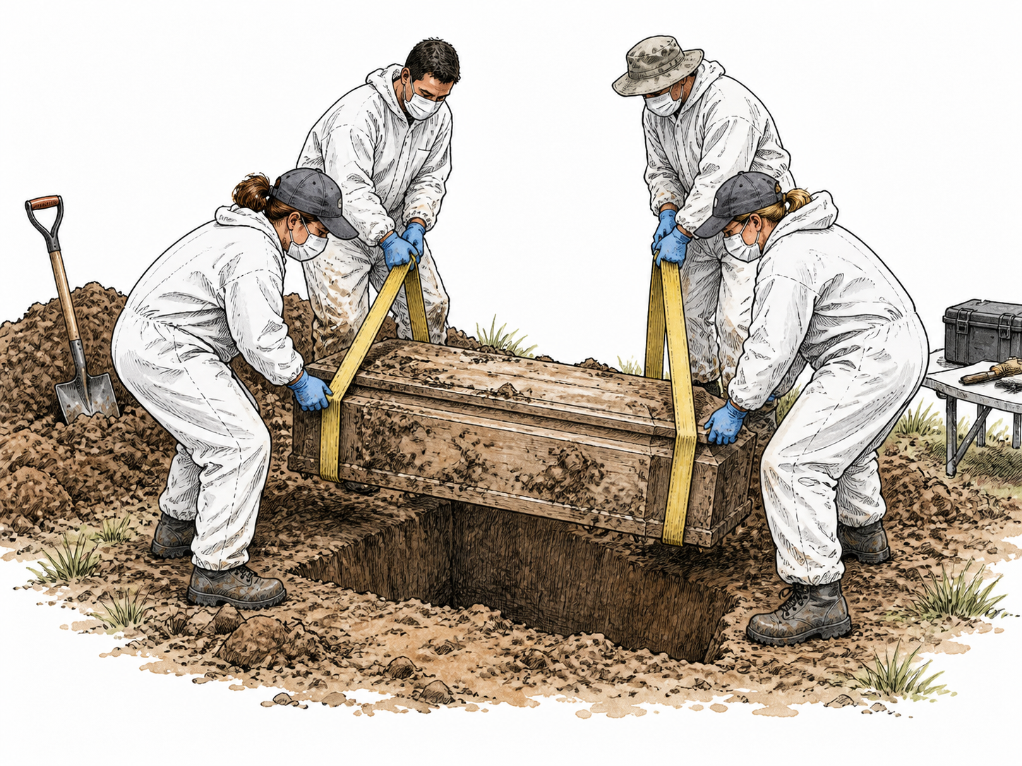Forensic team carefully lifts intact coffin from ground, respectful no exposed corpse.