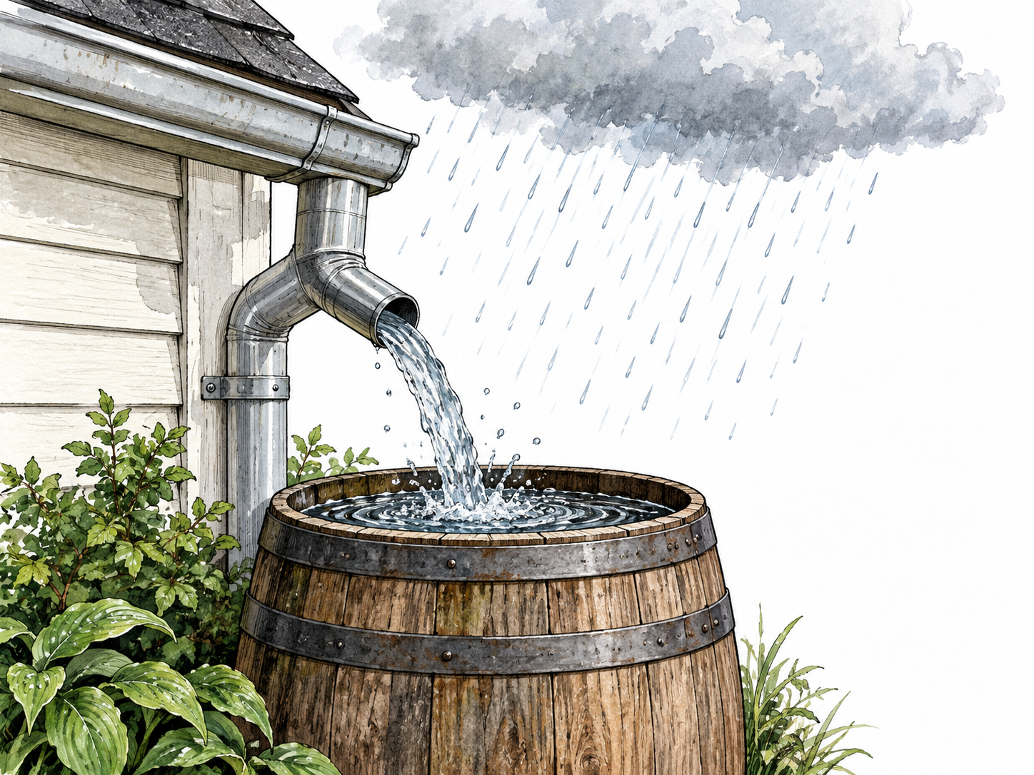 Rainwater flows from gutter into barrel.