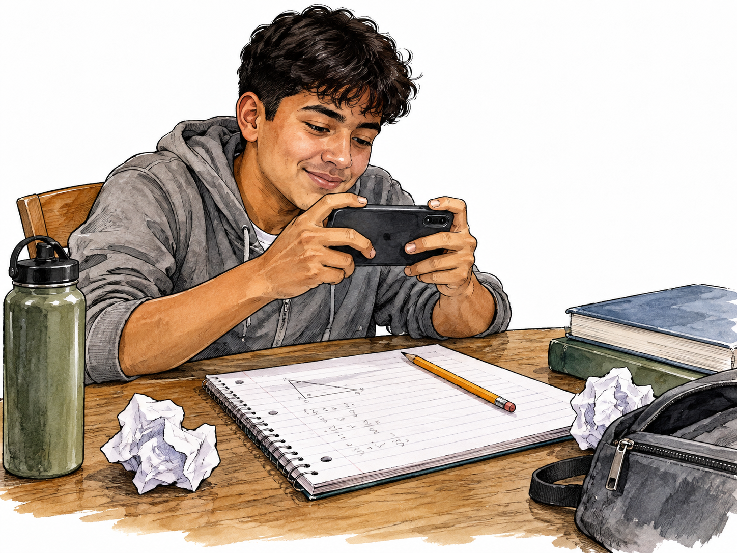 Latino student plays phone game beside unfinished homework.