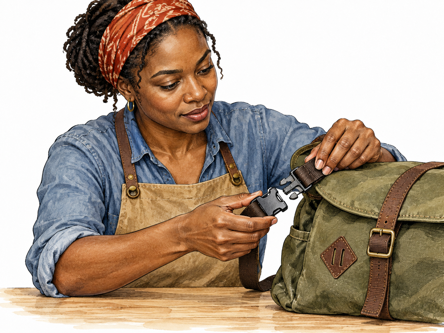 Black craftswoman fastens buckle strap to bag.