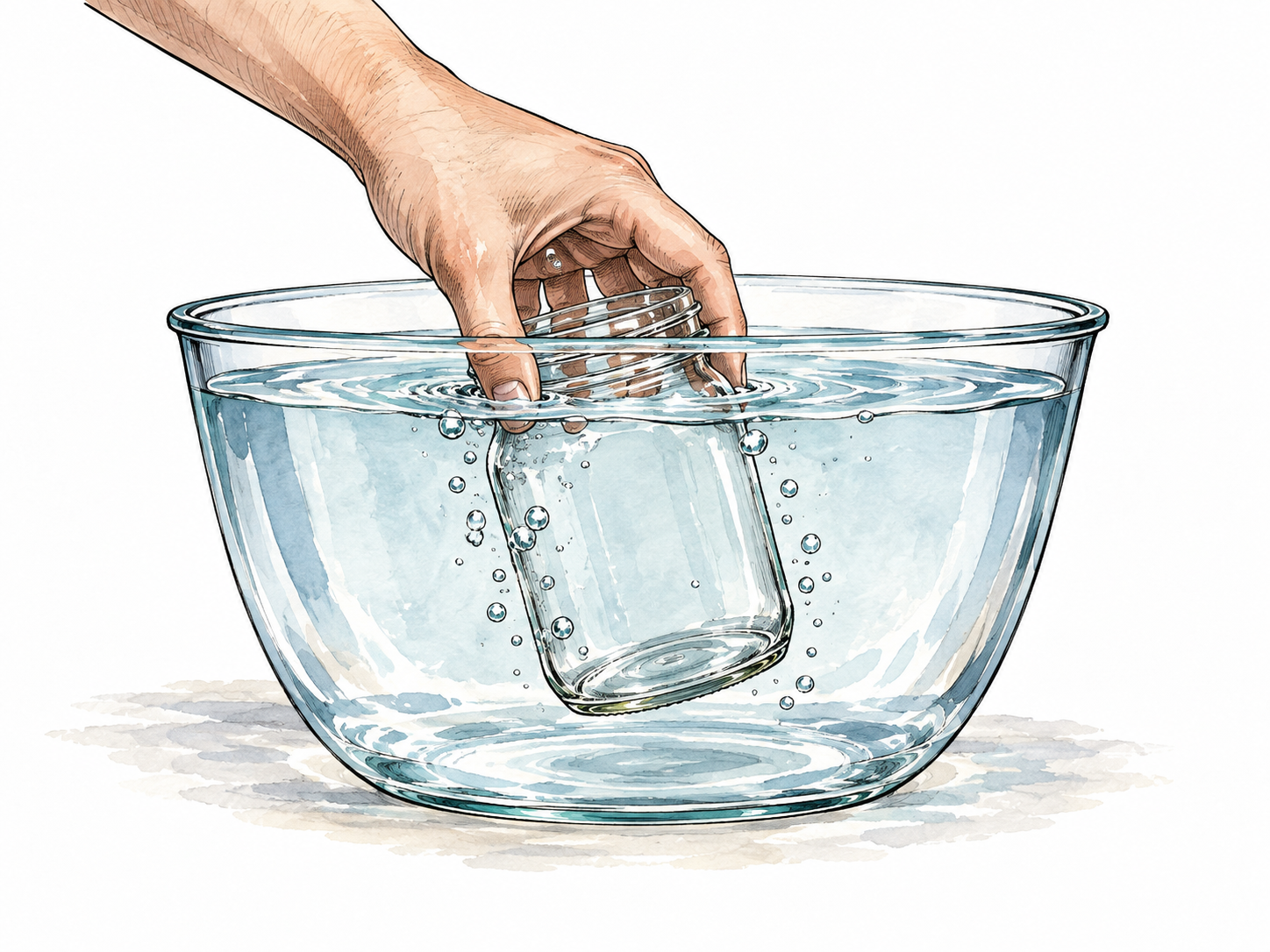 A hand lowers a glass jar completely beneath clear basin water.