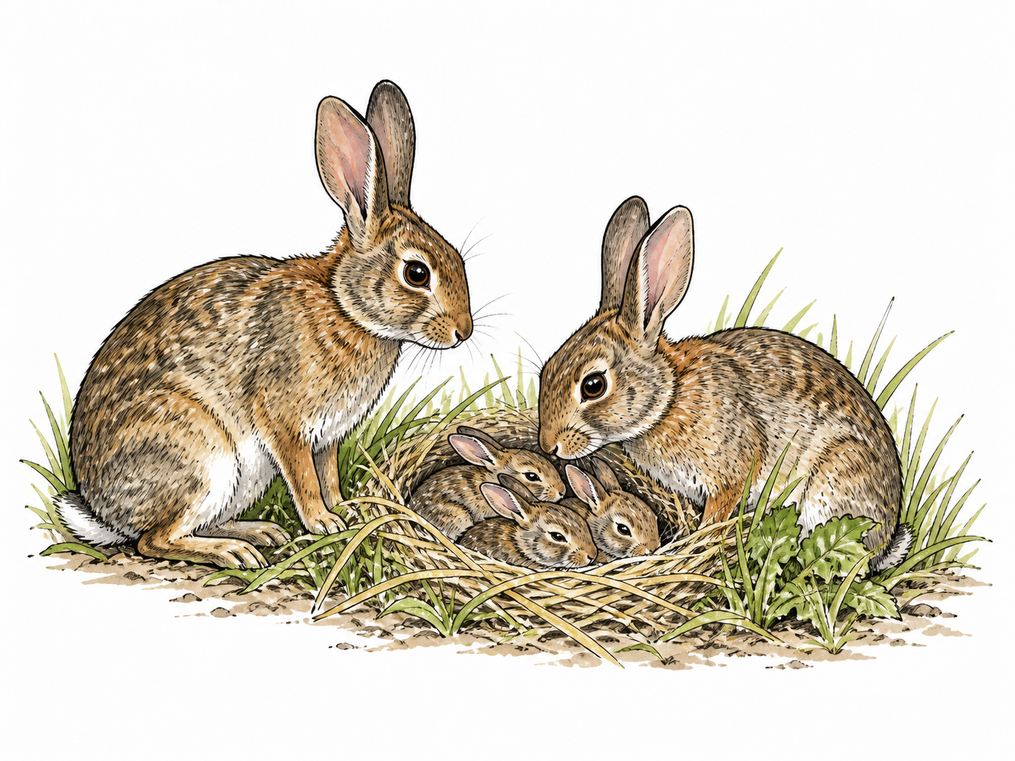 Two adult rabbits beside offspring in nest, nonsexual biological context.