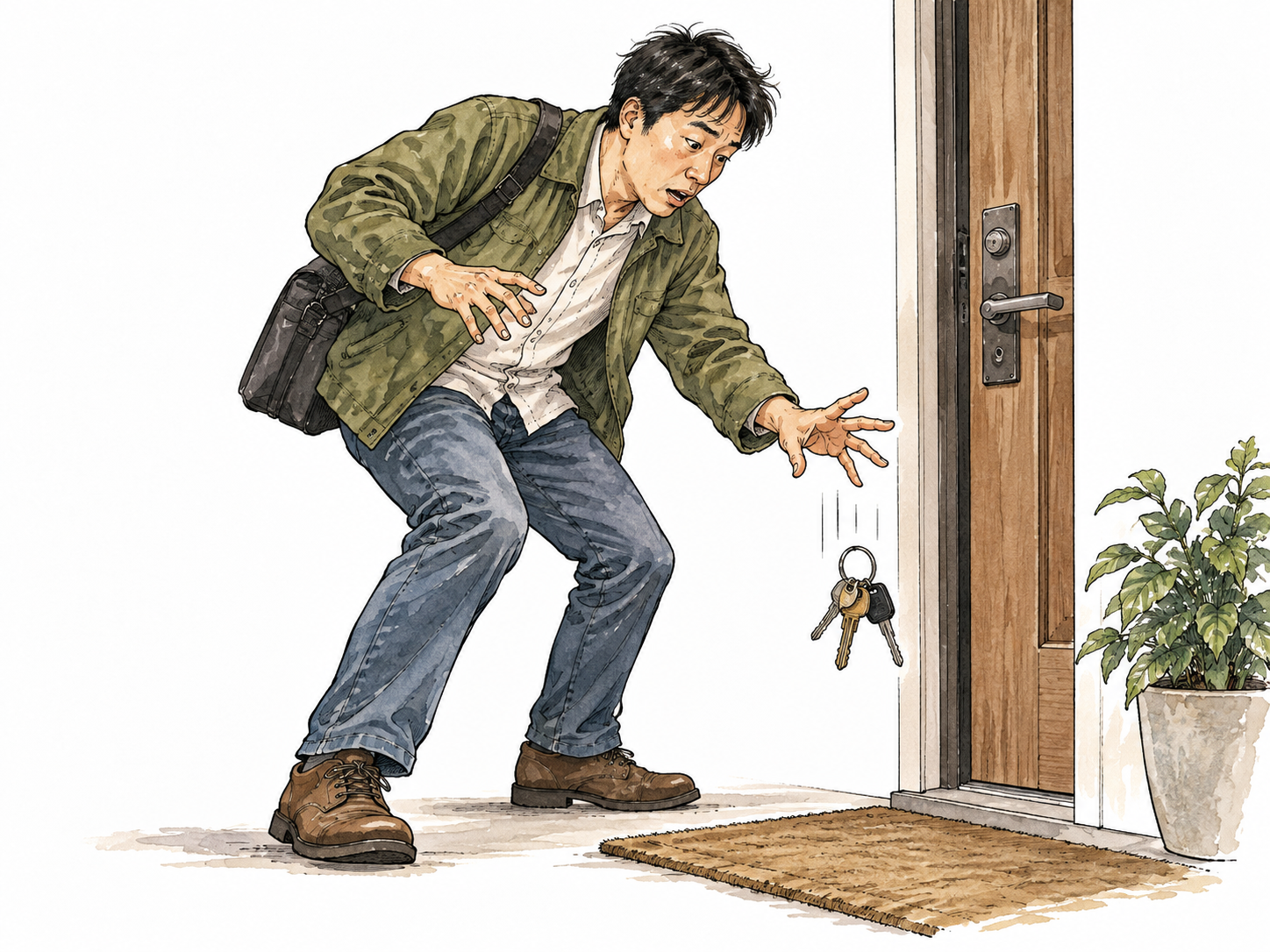 An East Asian man fumbling a ring of keys that slips between his fingers at a doorway, natural awkward hands.