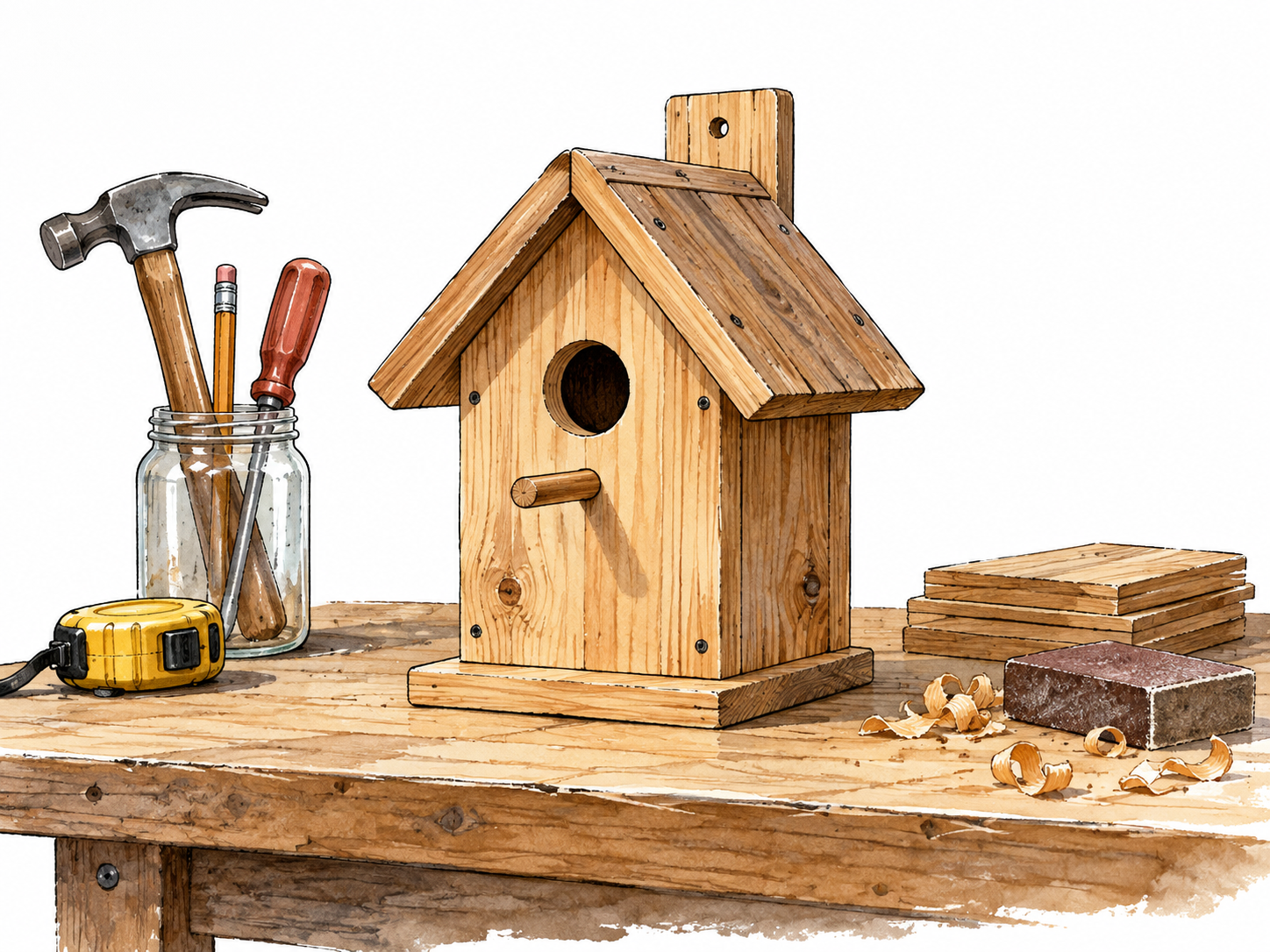 A fully finished wooden birdhouse at a tidy workbench, tools set aside and all parts complete.