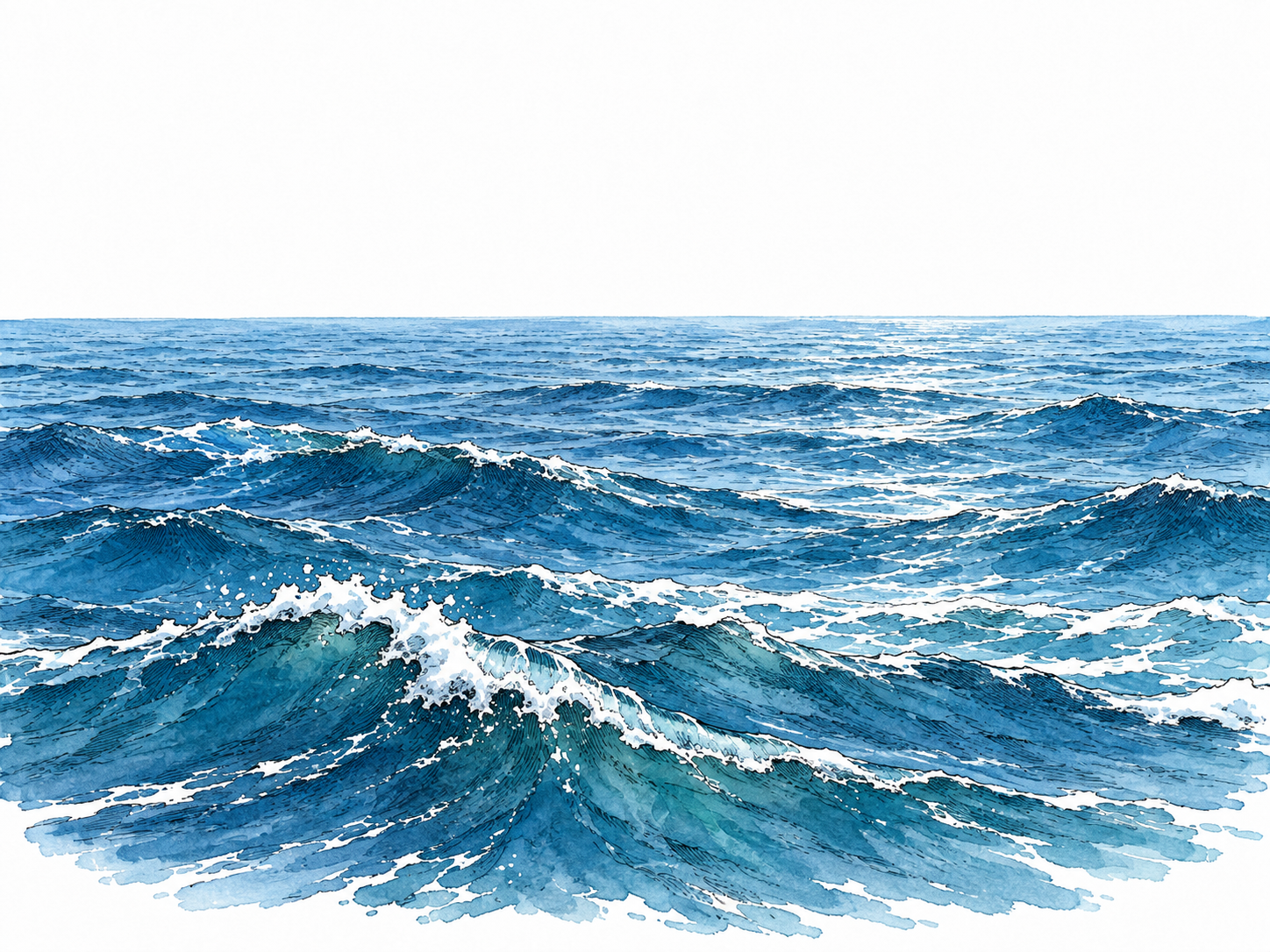 A sweeping open ocean with distant horizon and rolling blue swells, immense salt water.