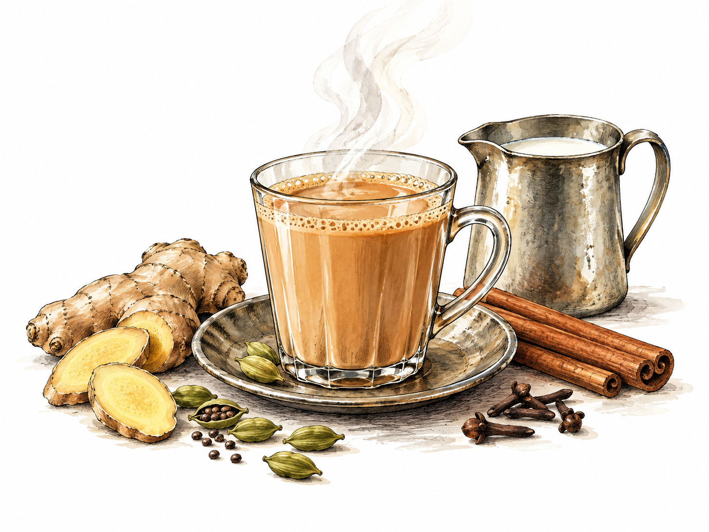Steaming masala chai with milk cardamom ginger cinnamon.