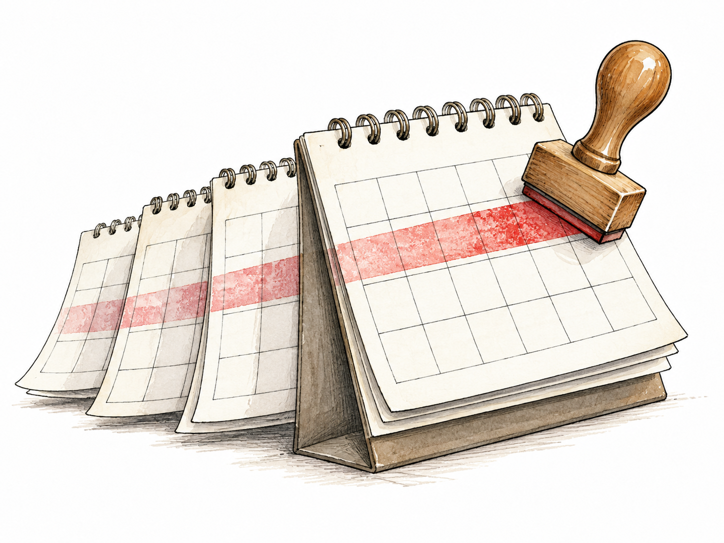 A blank calendar with a present stamp extending backward over earlier leaves, no letters or numbers.
