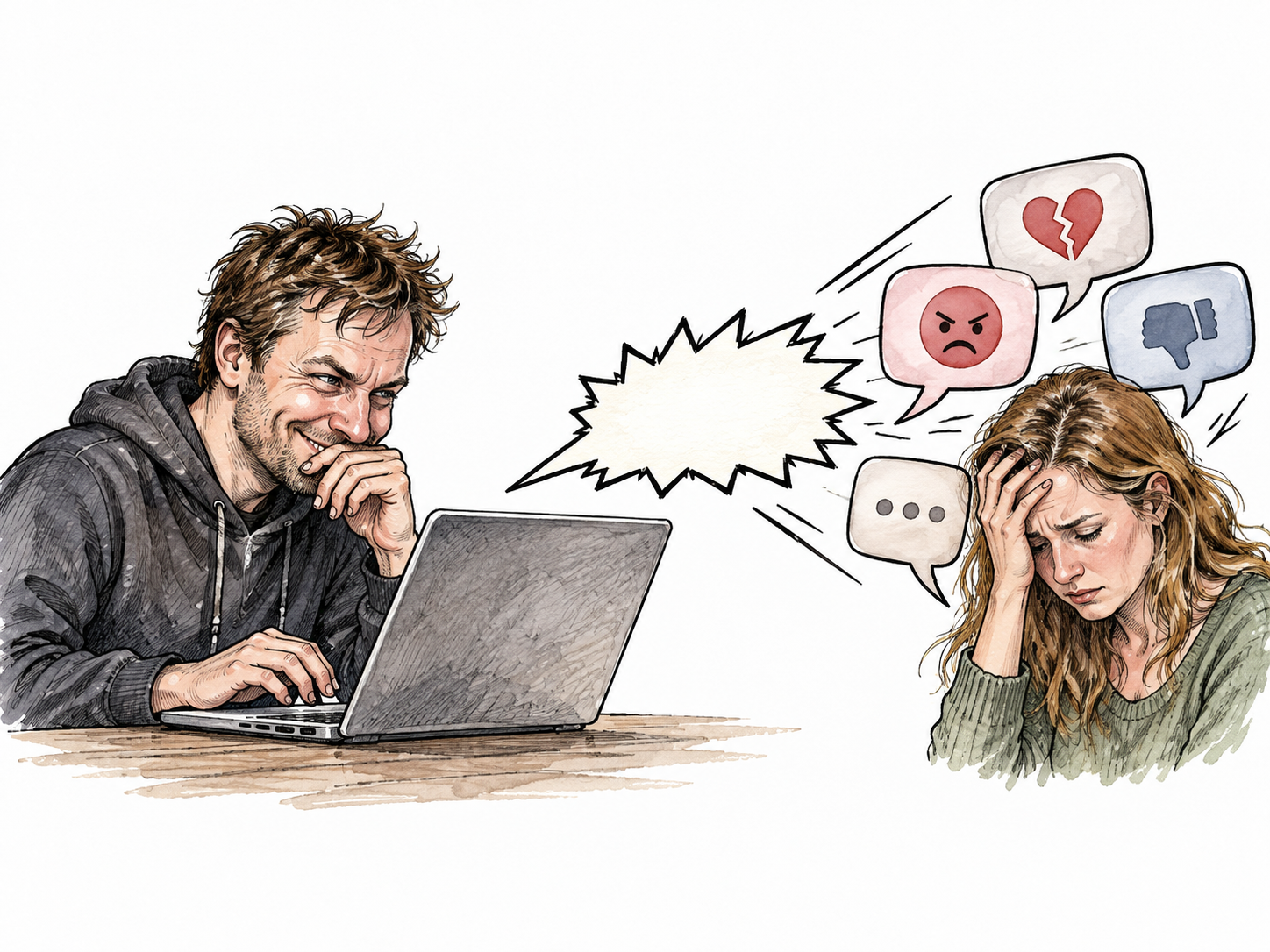 An adult online provocateur smirking at a laptop while sending a jagged blank speech bubble toward distressed discussion bubbles, white woman, no readable abuse.