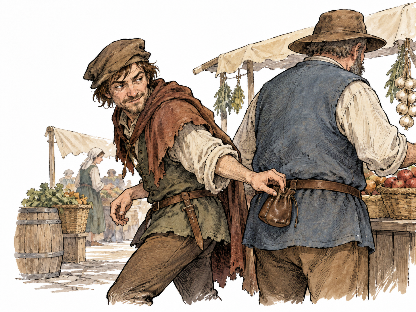 A sly white adult man secretly palming another person's coin purse at a market, dishonest behavior clear, no caricature.