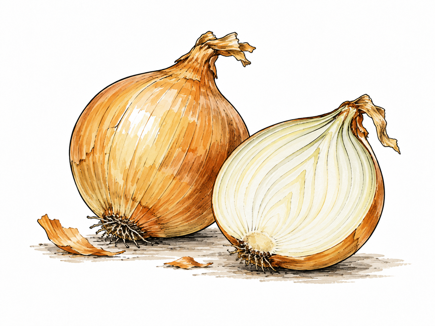 Whole golden onion beside a cut half showing concentric layers.