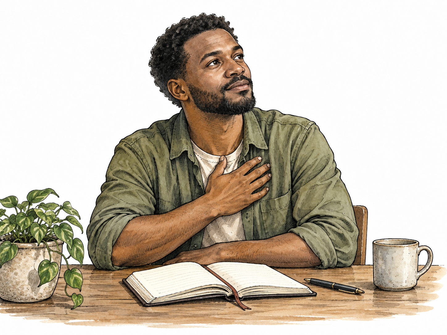 A Black man quietly considering his own feelings beside an open journal, one hand on chest, thoughtful rather than sad.