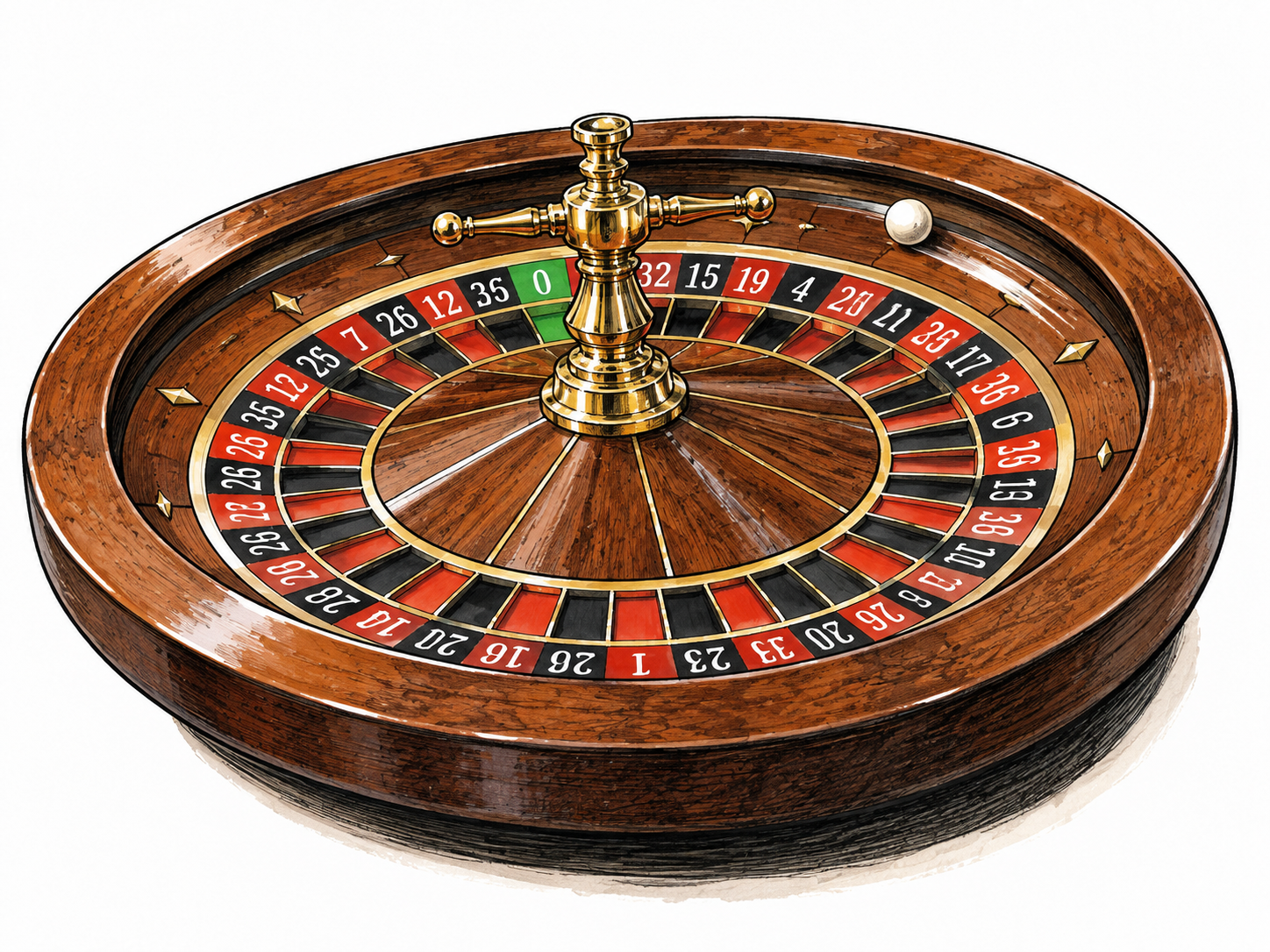 Roulette wheel and small ball, realistic casino object.