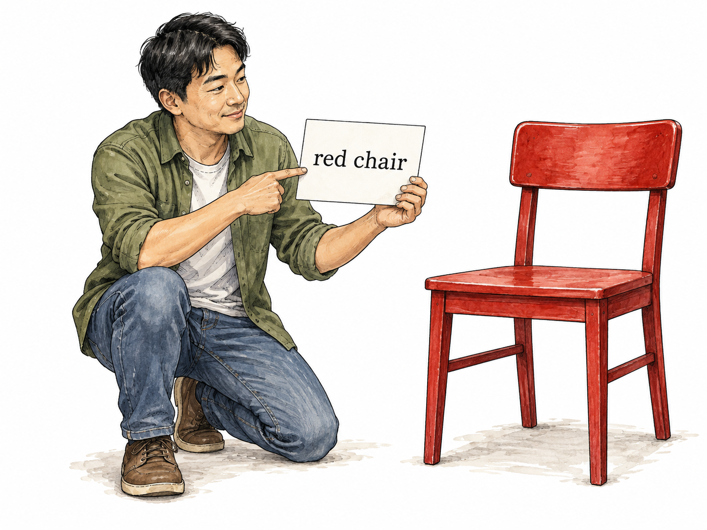 A person pointing at the exact words 'red chair' on a card beside an ordinary red chair, literal direct correspondence, no metaphor.