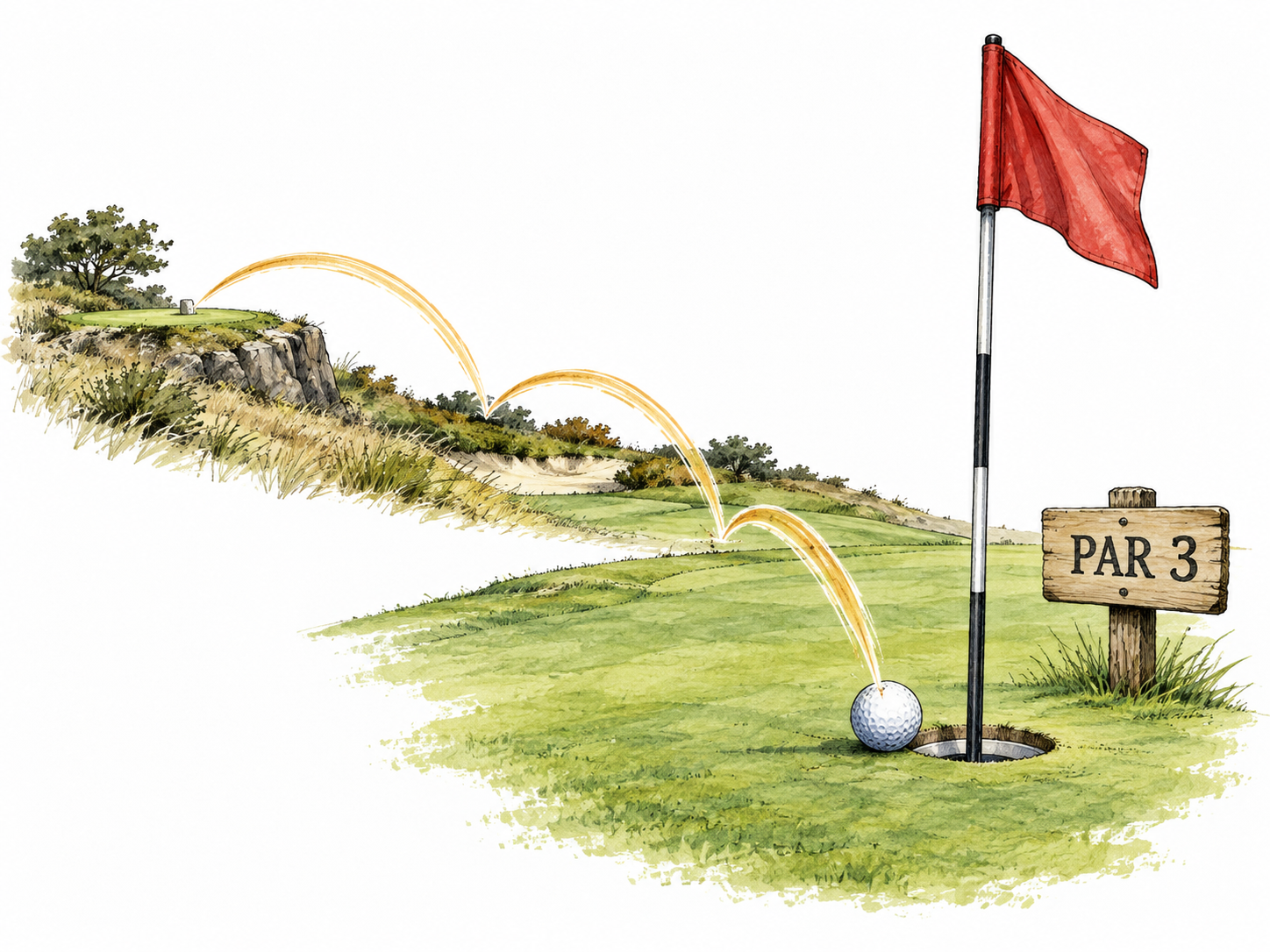A golf ball beside a hole and flag, a small score marker reading exactly 'PAR 3'; three discreet club-stroke arcs approaching the green.