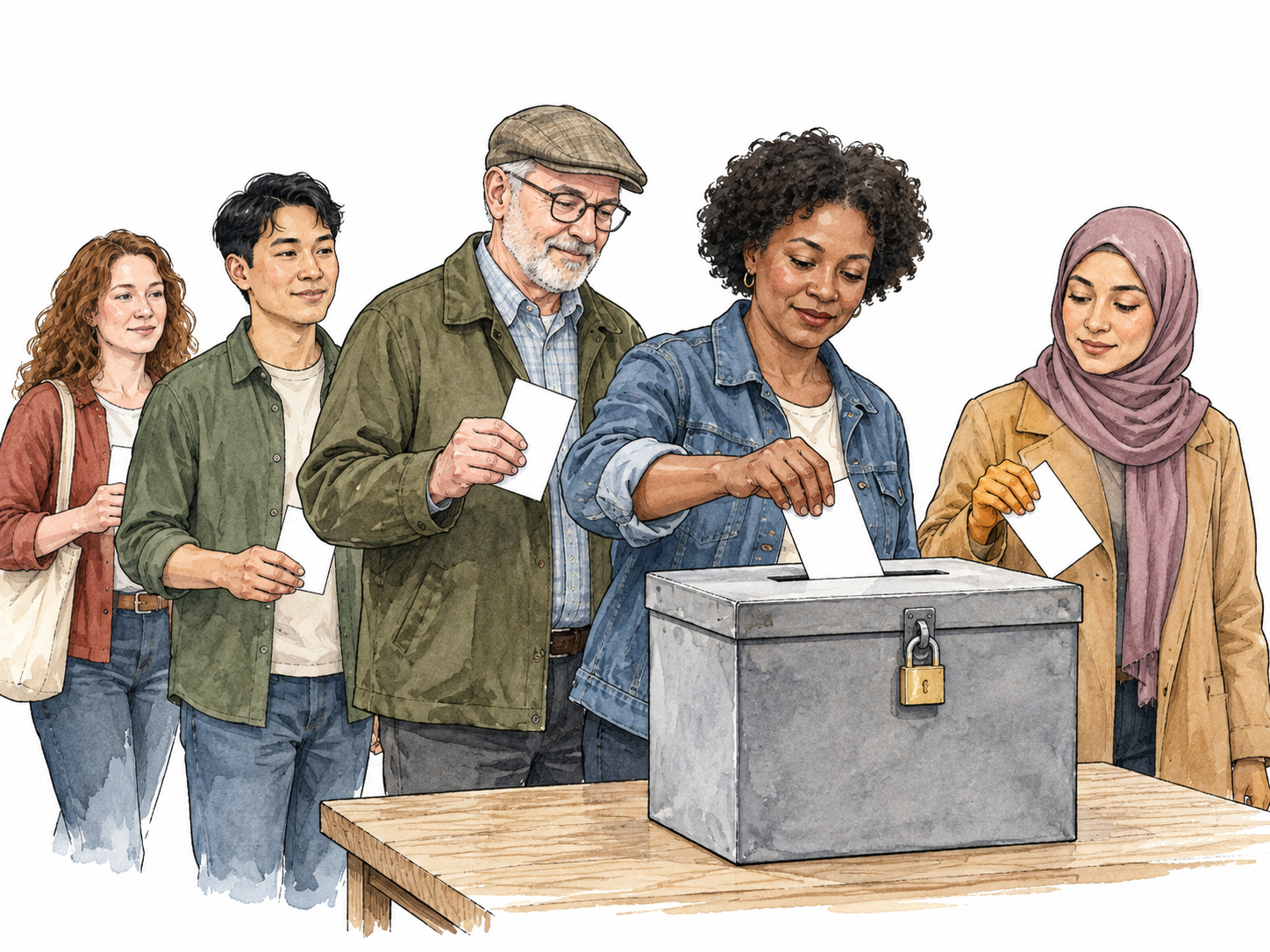 Diverse adult voters place unmarked ballots in a sealed ballot box.
