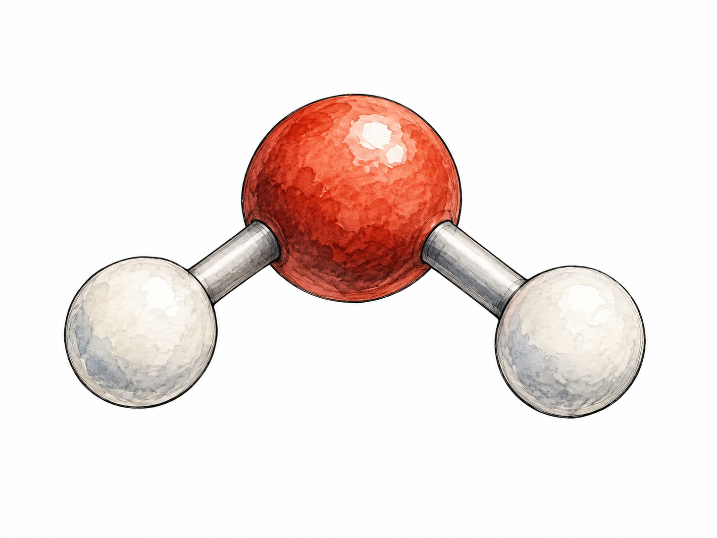 Two tiny hydrogen spheres joined to one larger oxygen sphere in a ball-and-stick water molecule model, no labels.