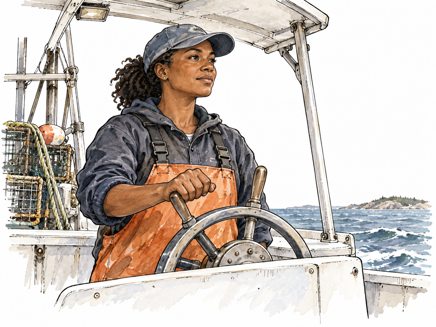 Black woman captains a fishing boat with hand on wheel.