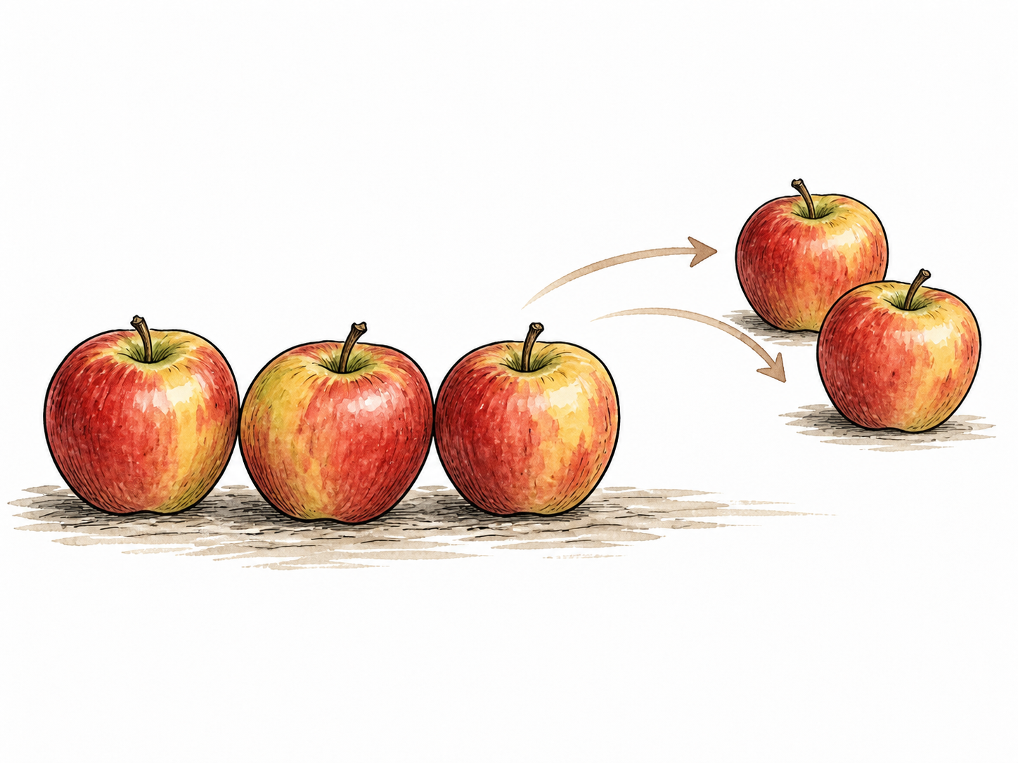 Five apples with two visibly moved aside, leaving three.