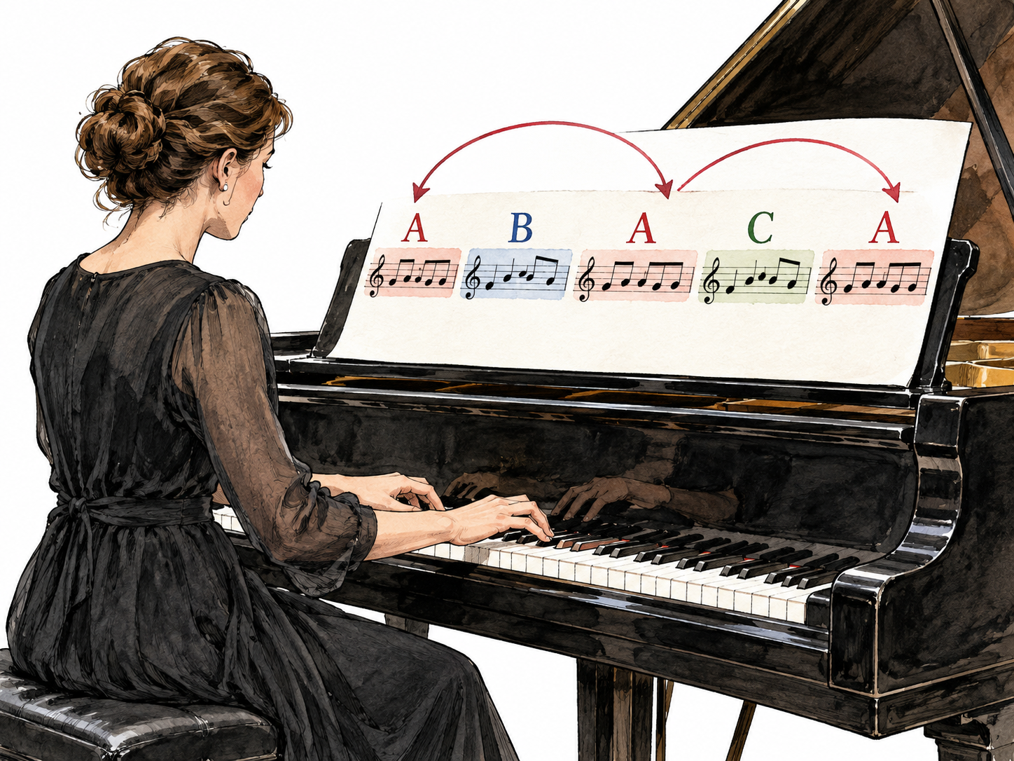 Pianist plays recurring theme, sheet showing A B A C A as essential notation.