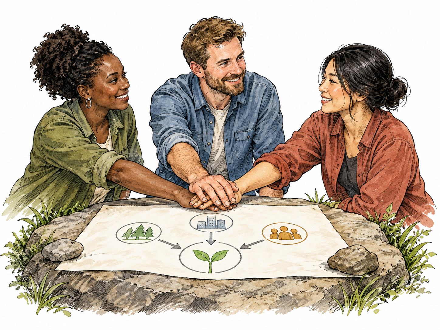Representatives of three distinct community groups joining hands around a shared work plan, Black woman, white man and East Asian woman, temporary joint effort.